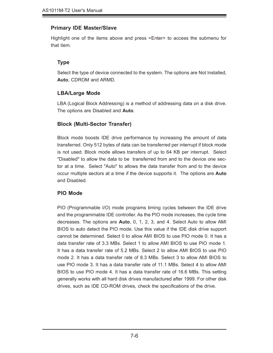 SUPER MICRO Computer AS1011M-T2 user manual Primary IDE Master/Slave, Type, LBA/Large Mode, Block Multi-Sector Transfer 