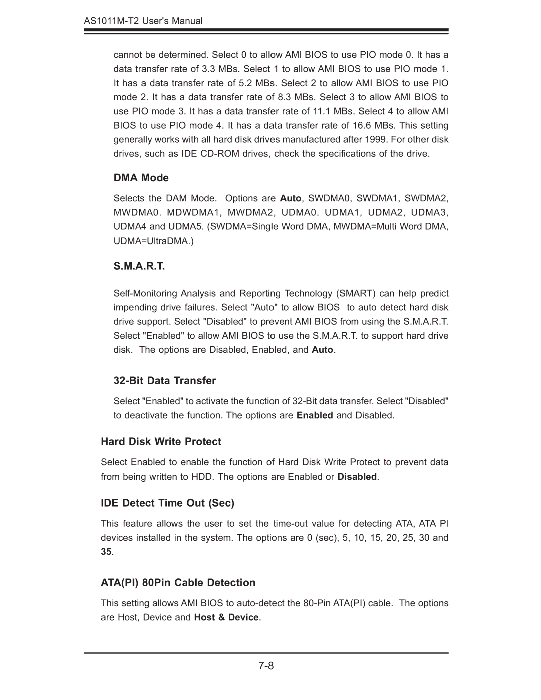 SUPER MICRO Computer AS1011M-T2 user manual Hard Disk Write Protect, IDE Detect Time Out Sec, Atapi 80Pin Cable Detection 