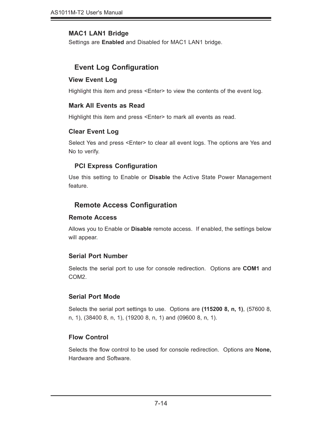 SUPER MICRO Computer AS1011M-T2 user manual Event Log Conﬁguration, Remote Access Conﬁguration 