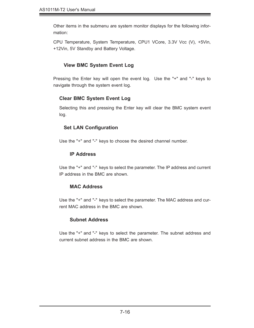 SUPER MICRO Computer AS1011M-T2 View BMC System Event Log, Clear BMC System Event Log, Set LAN Conﬁguration, IP Address 