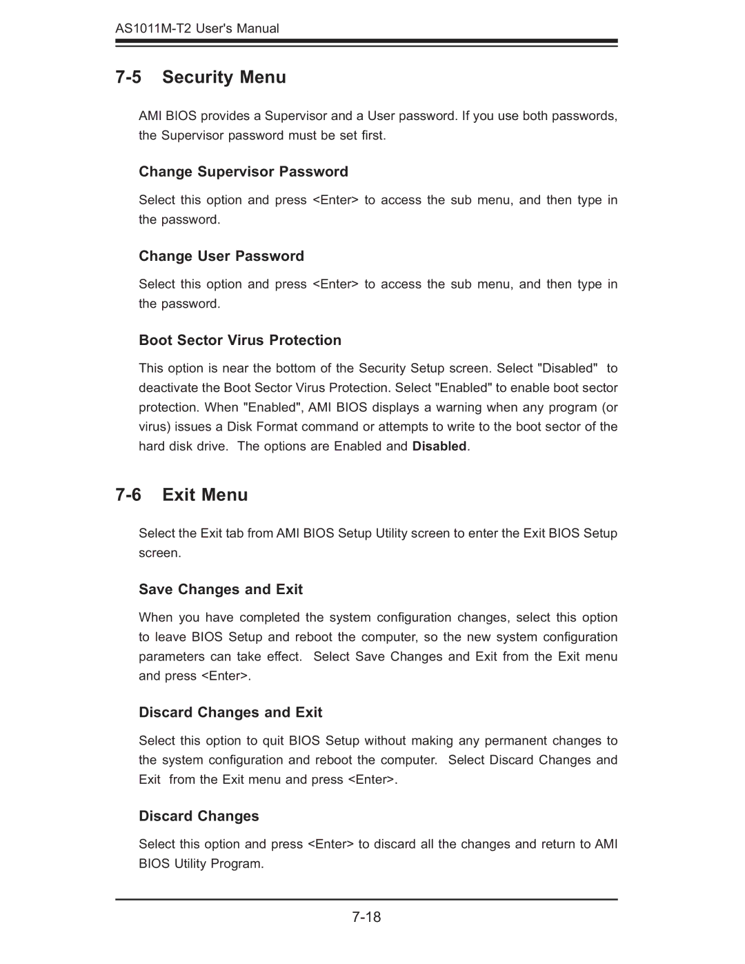 SUPER MICRO Computer AS1011M-T2 user manual Security Menu, Exit Menu 