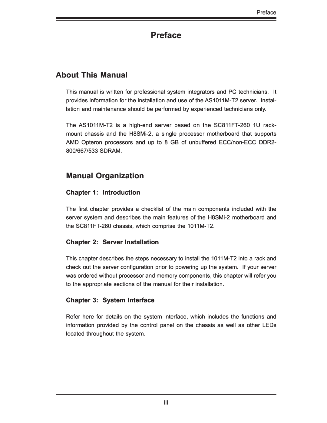 SUPER MICRO Computer AS1011M-T2 Preface, About This Manual, Manual Organization, Introduction, Server Installation 