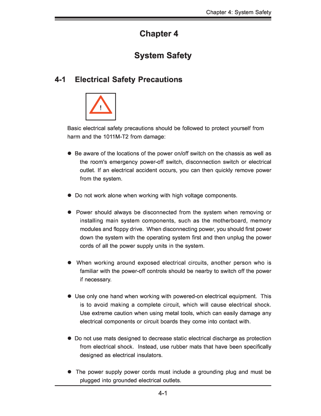 SUPER MICRO Computer AS1011M-T2 user manual Chapter System Safety, Electrical Safety Precautions 