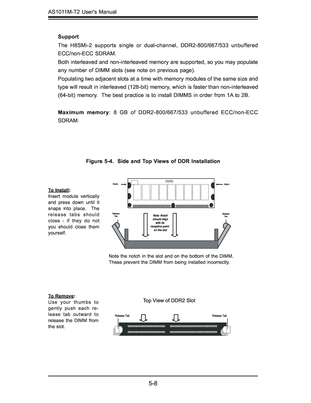 SUPER MICRO Computer AS1011M-T2 user manual Support, 4. Side and Top Views of DDR Installation, To Install, To Remove 