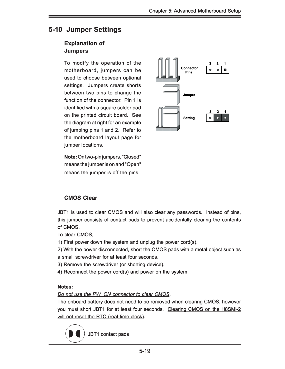 SUPER MICRO Computer AS1011M-T2 user manual Jumper Settings, Explanation of Jumpers, CMOS Clear 