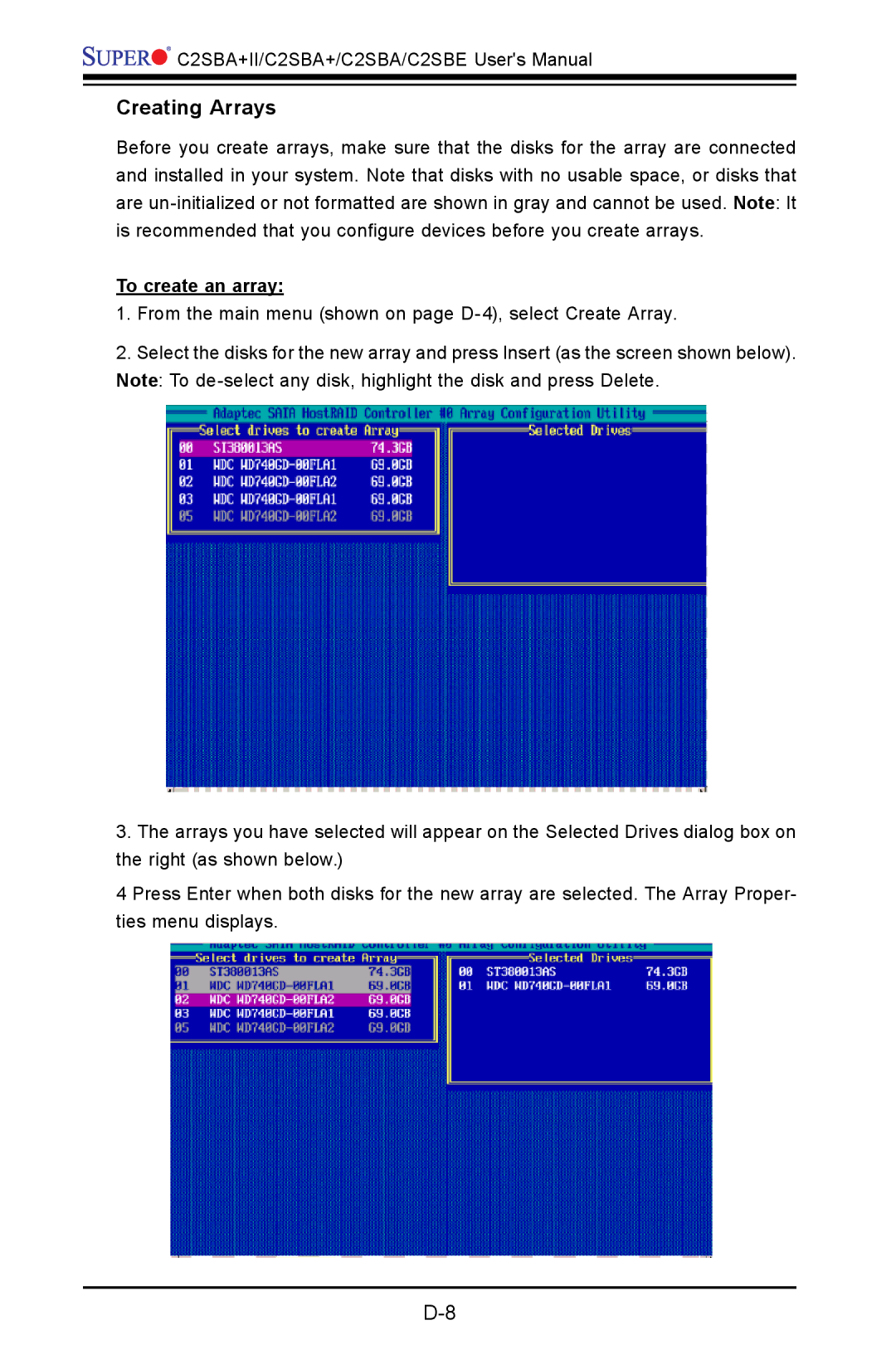 SUPER MICRO Computer C2SBE, C2SBA+II user manual Creating Arrays, To create an array 