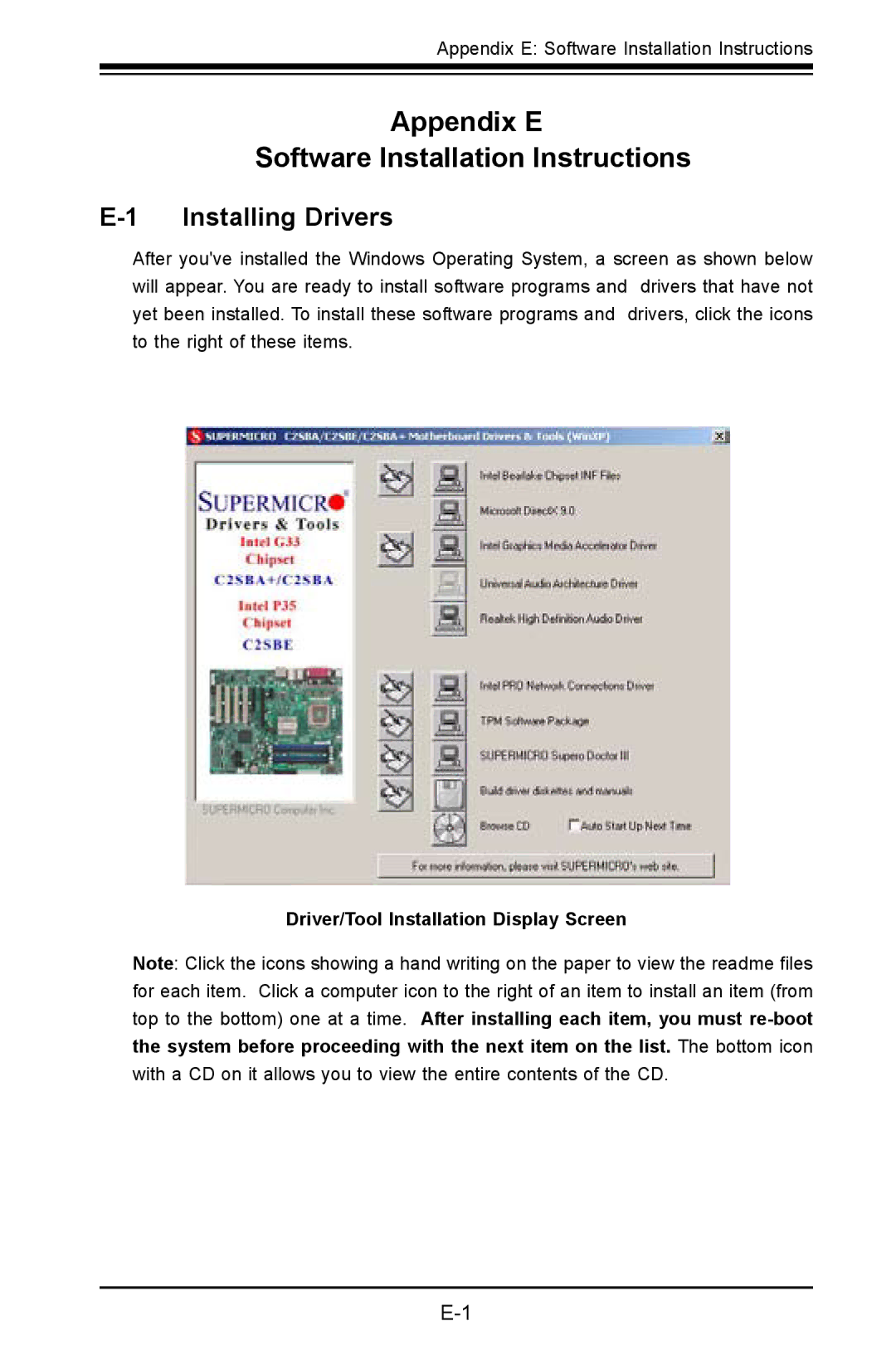 SUPER MICRO Computer C2SBE, C2SBA+II user manual Installing Drivers, Driver/Tool Installation Display Screen 