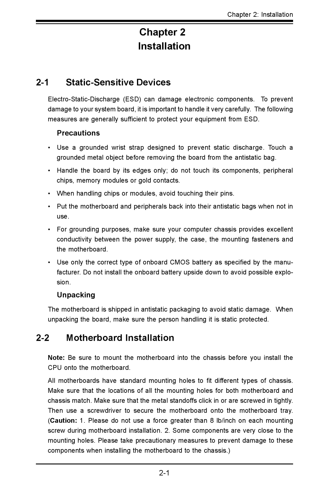 SUPER MICRO Computer C2SBE, C2SBA+II user manual Static-Sensitive Devices, Motherboard Installation, Precautions, Unpacking 