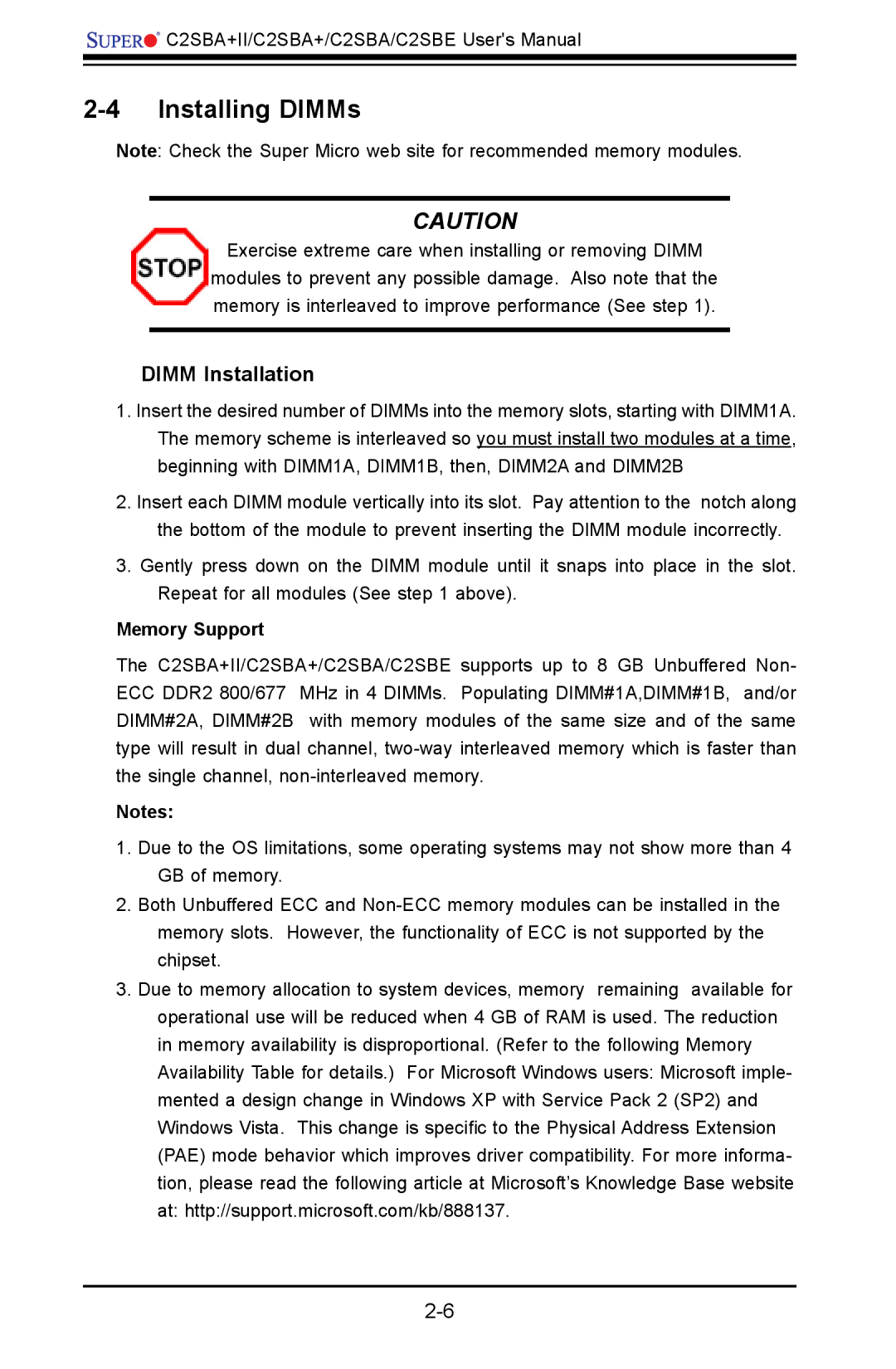 SUPER MICRO Computer C2SBE, C2SBA+II user manual Installing DIMMs, Dimm Installation, Memory Support 