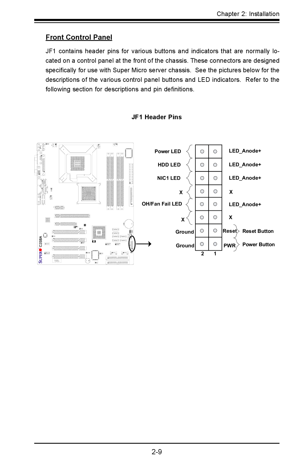 SUPER MICRO Computer C2SBE, C2SBA+II user manual Front Control Panel, JF1 Header Pins 