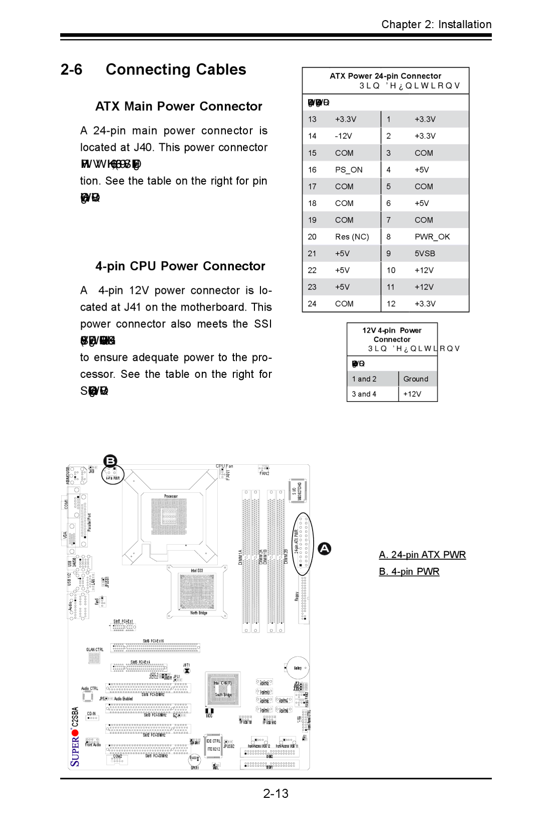 SUPER MICRO Computer C2SBE Connecting Cables, ATX Main Power Connector, Pin CPU Power Connector, Pin ATX PWR B -pin PWR 