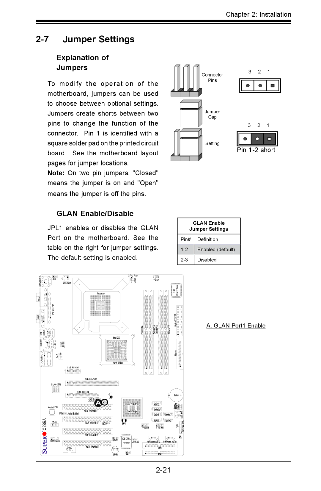 SUPER MICRO Computer C2SBE, C2SBA+II Jumper Settings, Explanation Jumpers, Glan Enable/Disable, Glan Port1 Enable 