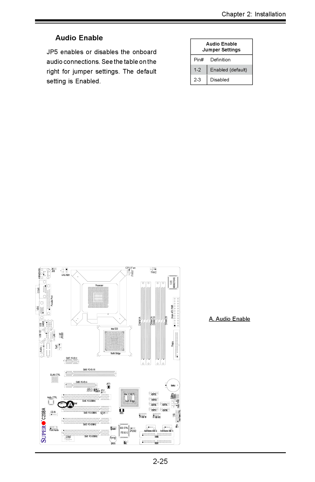 SUPER MICRO Computer C2SBE, C2SBA+II user manual Audio Enable Jumper Settings 