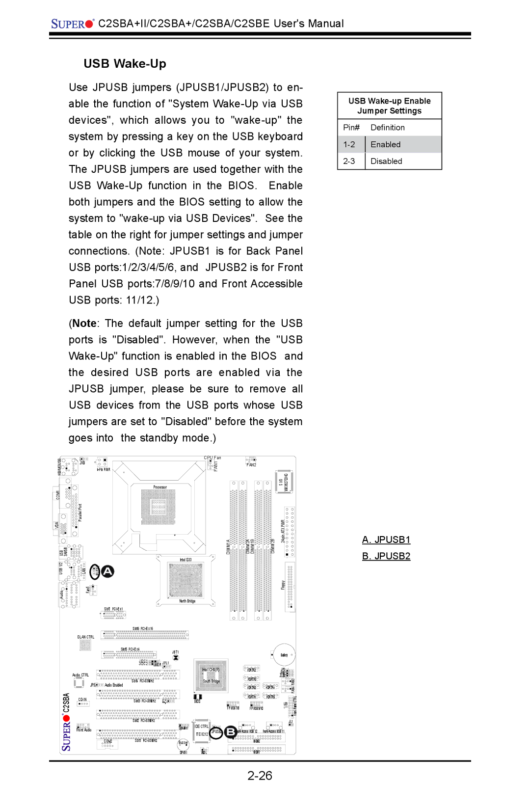 SUPER MICRO Computer C2SBA+II, C2SBE user manual USB Wake-Up, USB Wake-up Enable Jumper Settings 