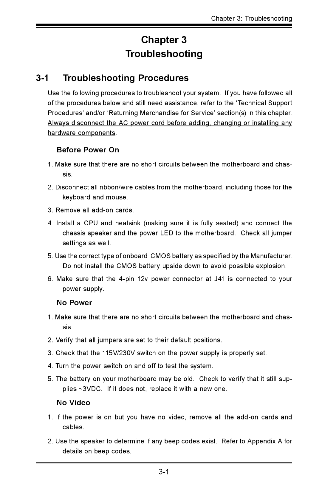 SUPER MICRO Computer C2SBE, C2SBA+II user manual Troubleshooting Procedures, Before Power On, No Power, No Video 