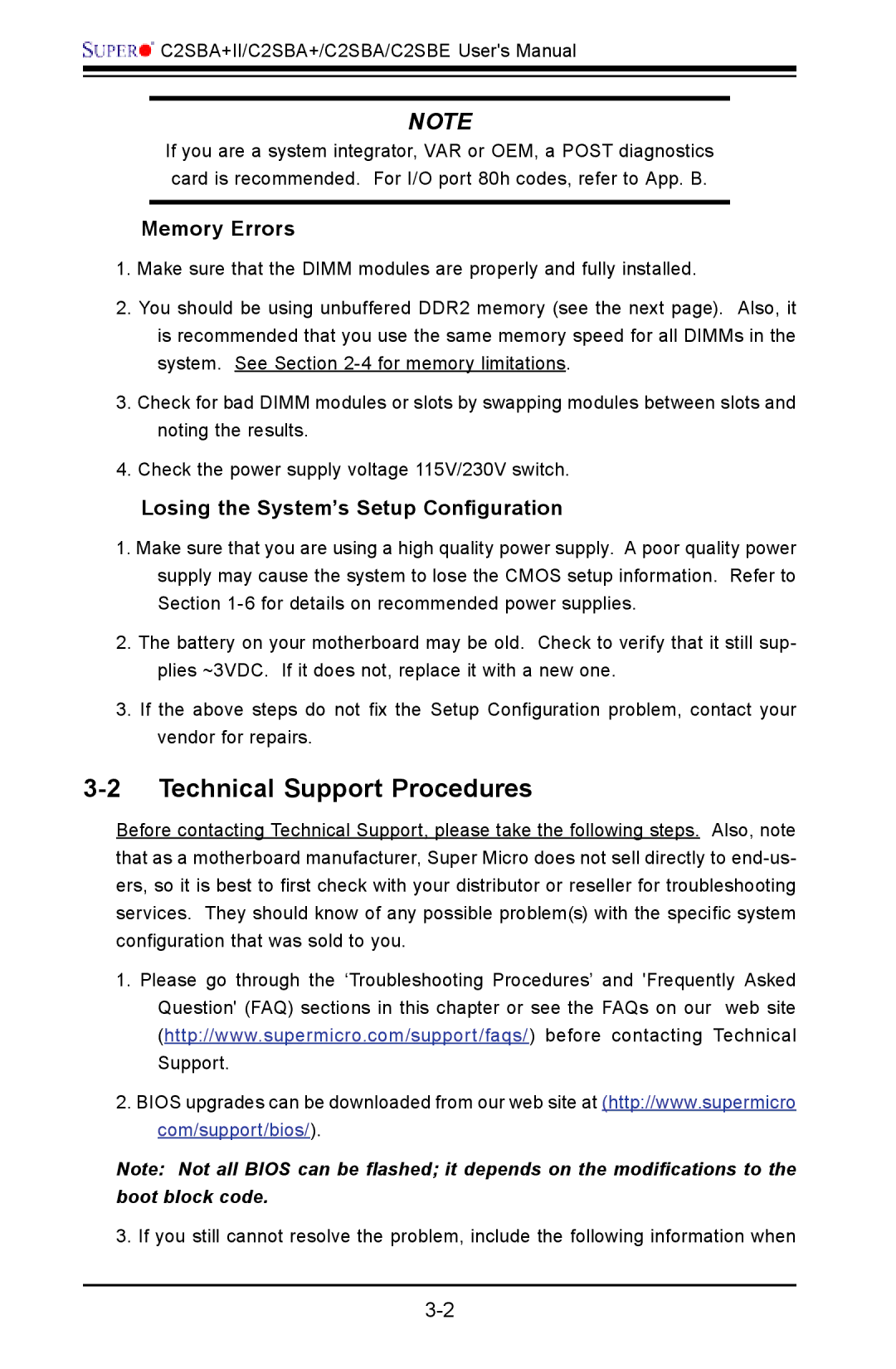 SUPER MICRO Computer C2SBE, C2SBA+II Technical Support Procedures, Memory Errors, Losing the System’s Setup Configuration 