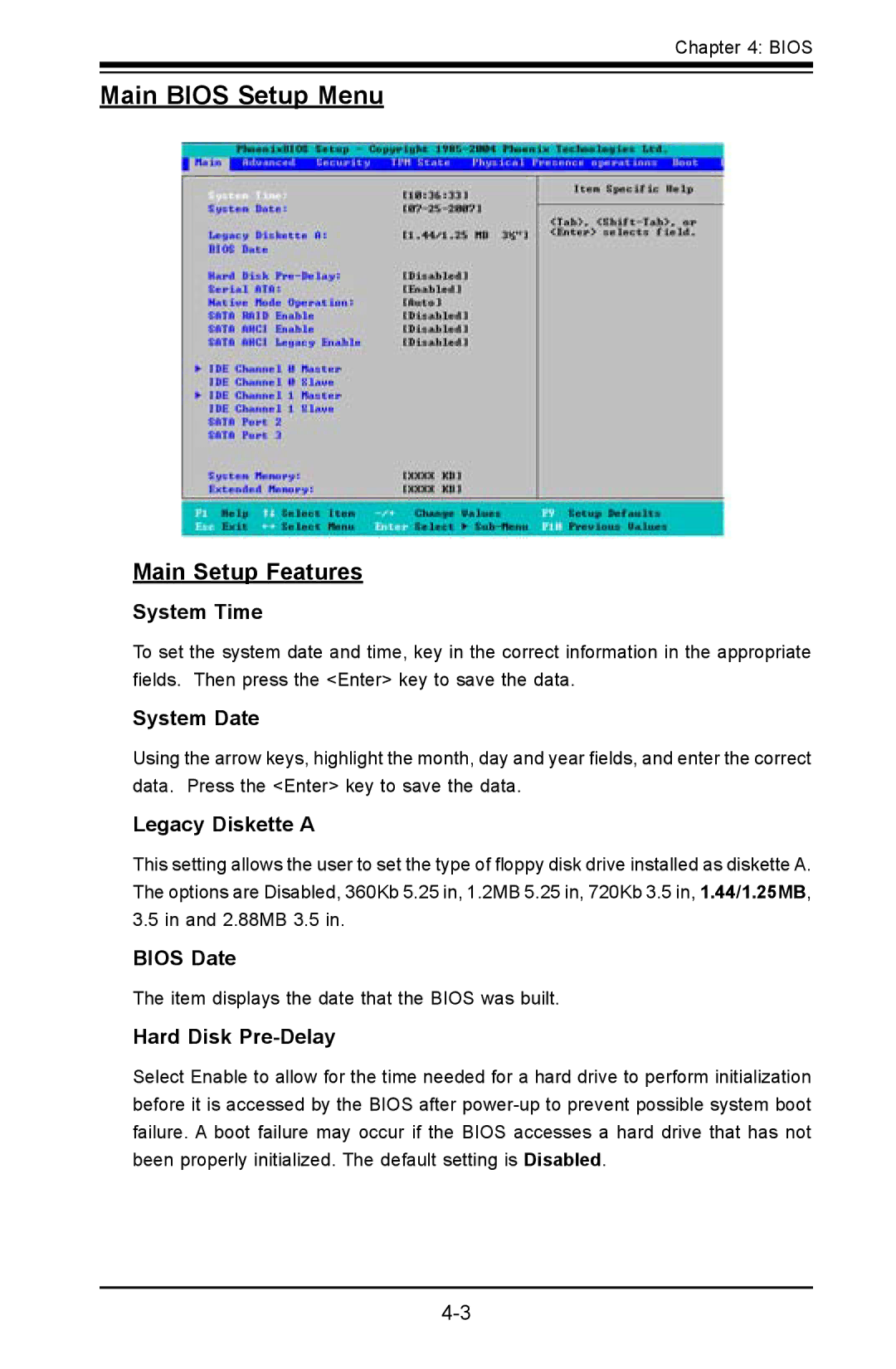 SUPER MICRO Computer C2SBA+II, C2SBE user manual Main Bios Setup Menu, Main Setup Features 