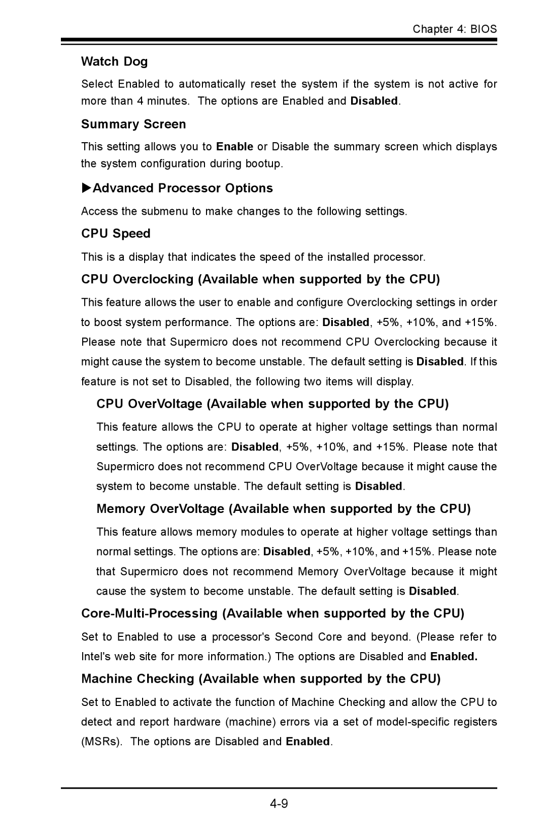 SUPER MICRO Computer C2SBA+II, C2SBE user manual Watch Dog, Summary Screen, Advanced Processor Options, CPU Speed 