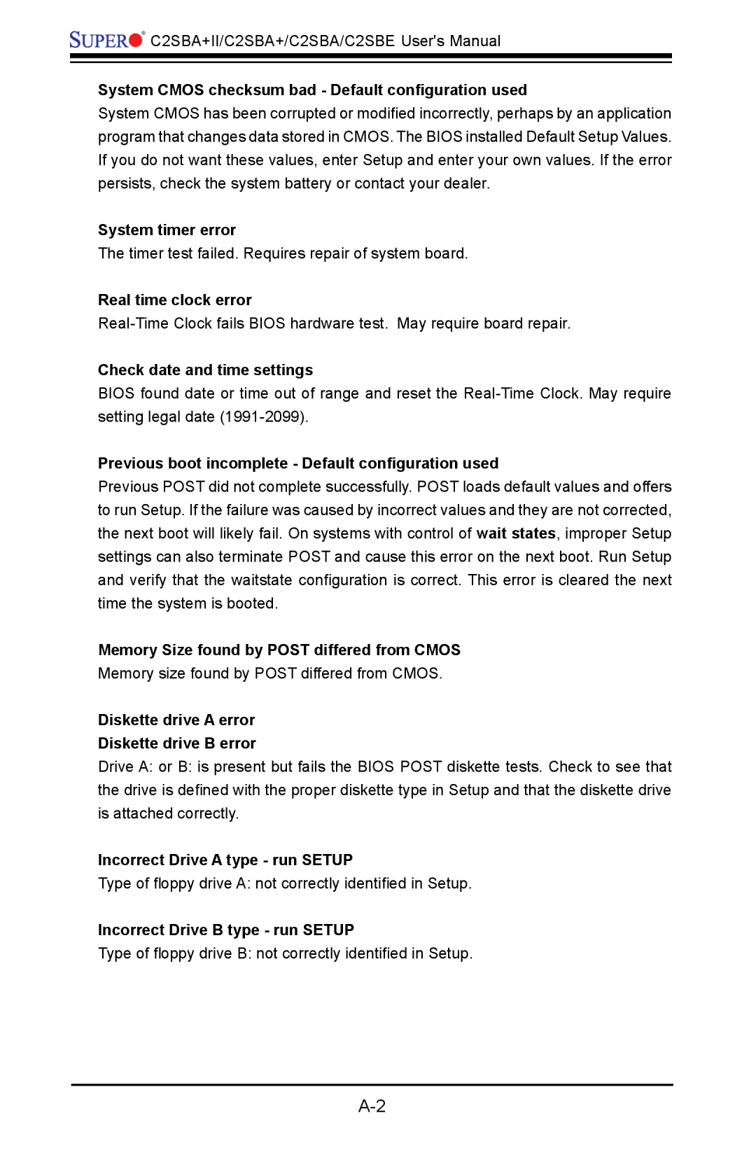 SUPER MICRO Computer C2SBA System Cmos checksum bad Default configuration used, System timer error, Real time clock error 