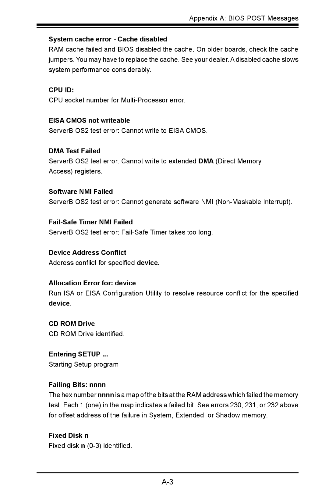 SUPER MICRO Computer C2SBE System cache error Cache disabled, Eisa Cmos not writeable, DMA Test Failed, CD ROM Drive 