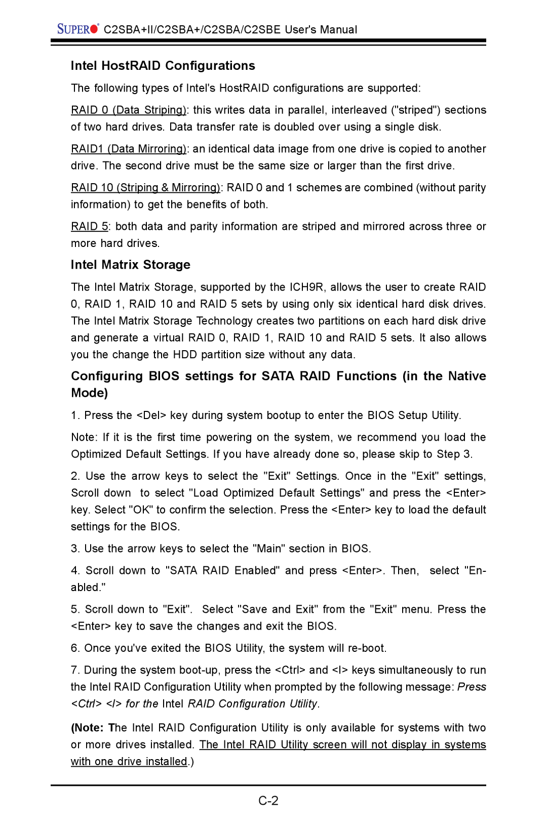 SUPER MICRO Computer C2SBE, C2SBA+II user manual Intel HostRAID Configurations, Intel Matrix Storage 
