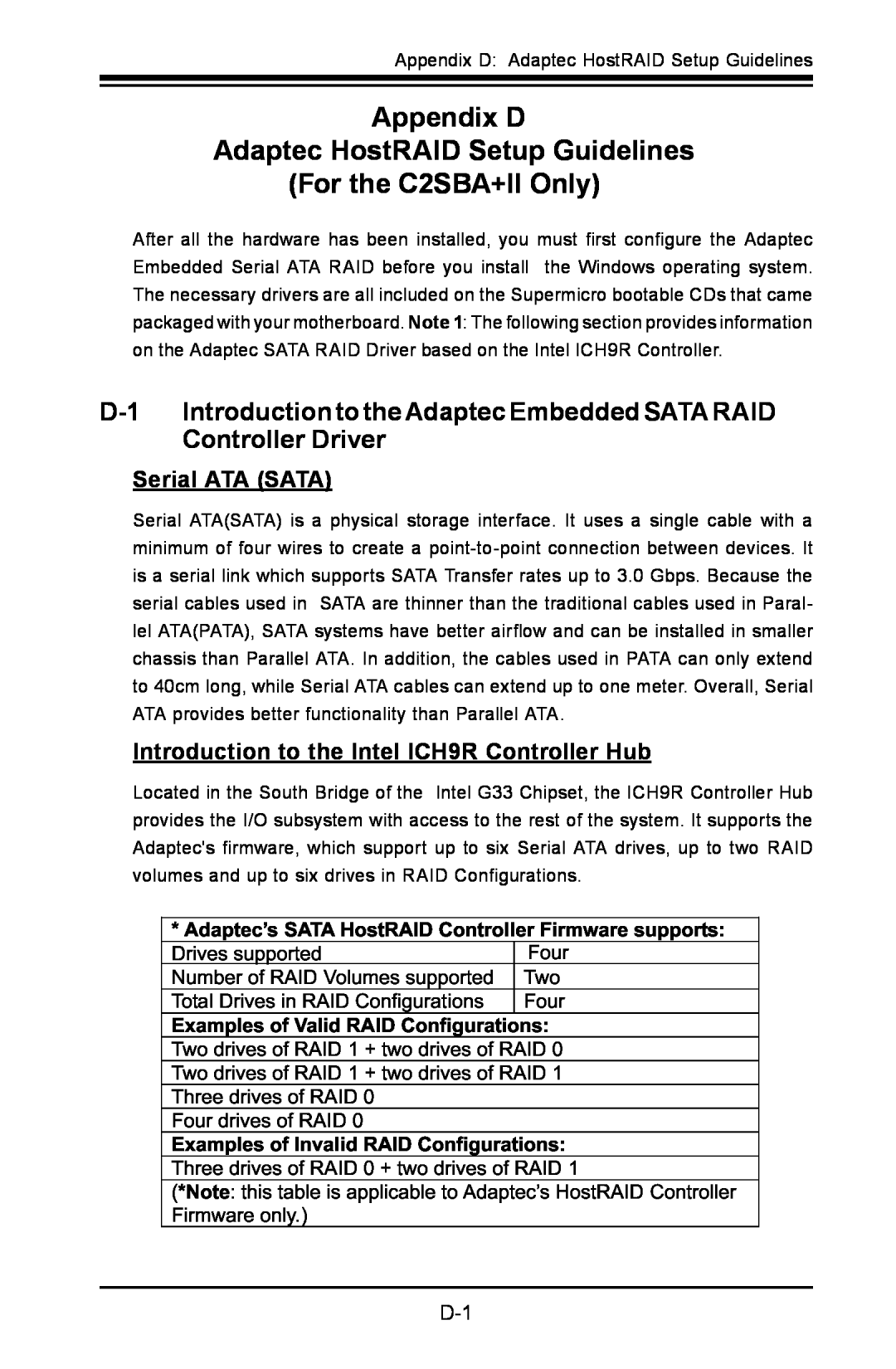 SUPER MICRO Computer C2SBE Appendix D Adaptec HostRAID Setup Guidelines For the C2SBA+II Only, Serial ATA SATA 