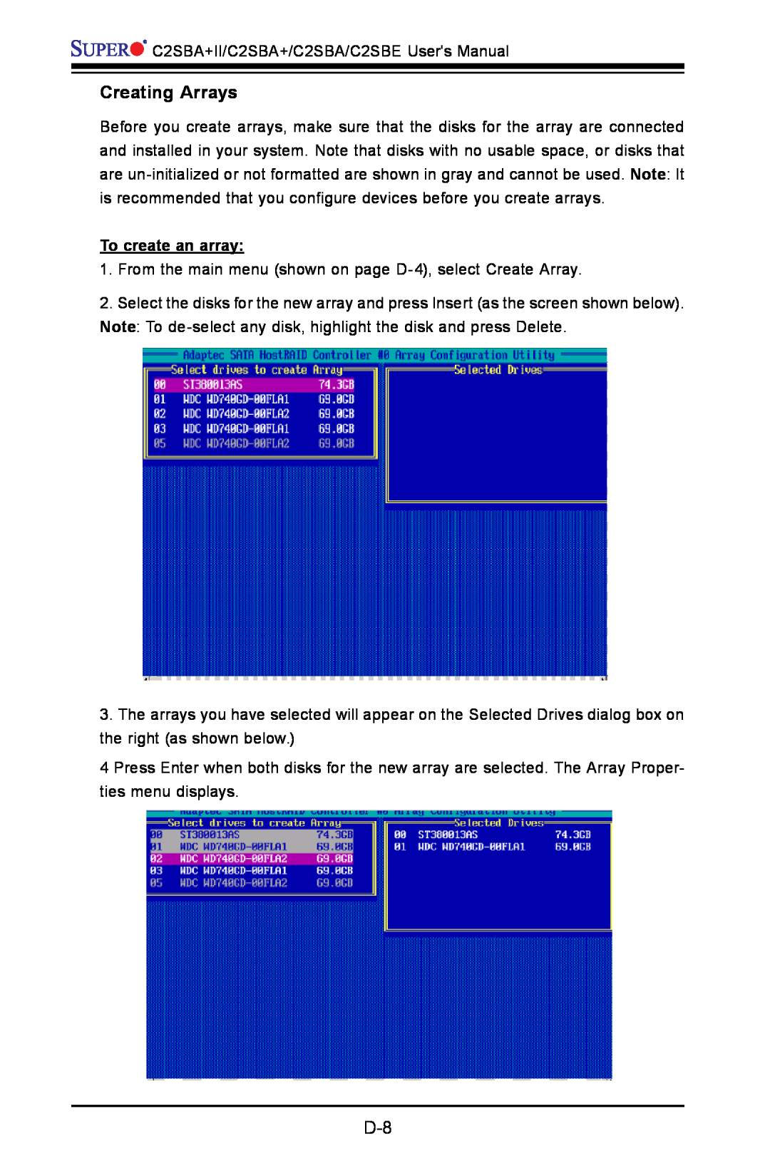 SUPER MICRO Computer C2SBE, C2SBA+II user manual Creating Arrays 