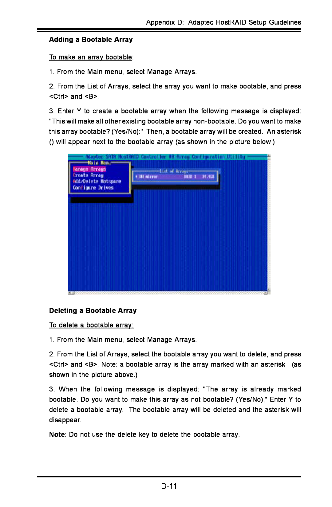 SUPER MICRO Computer C2SBE, C2SBA+II user manual D-11, Adding a Bootable Array, Deleting a Bootable Array 