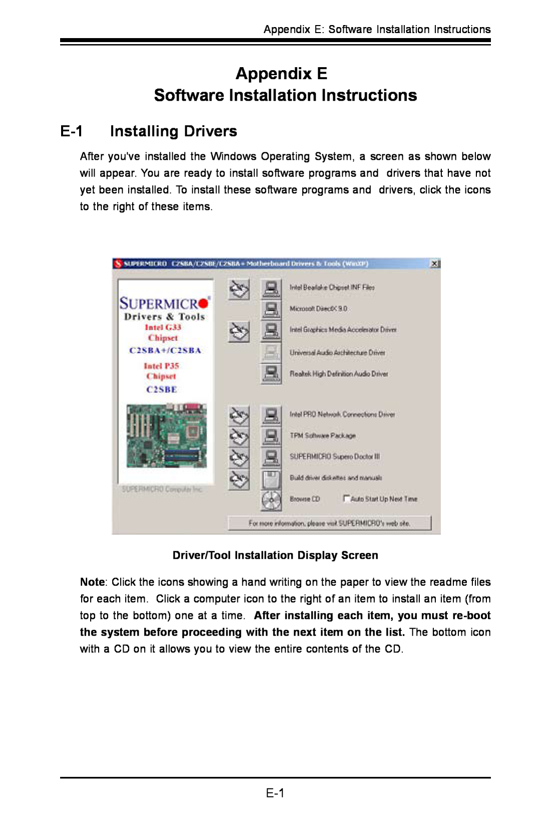 SUPER MICRO Computer C2SBE, C2SBA+II user manual Appendix E Software Installation Instructions, E-1 Installing Drivers 