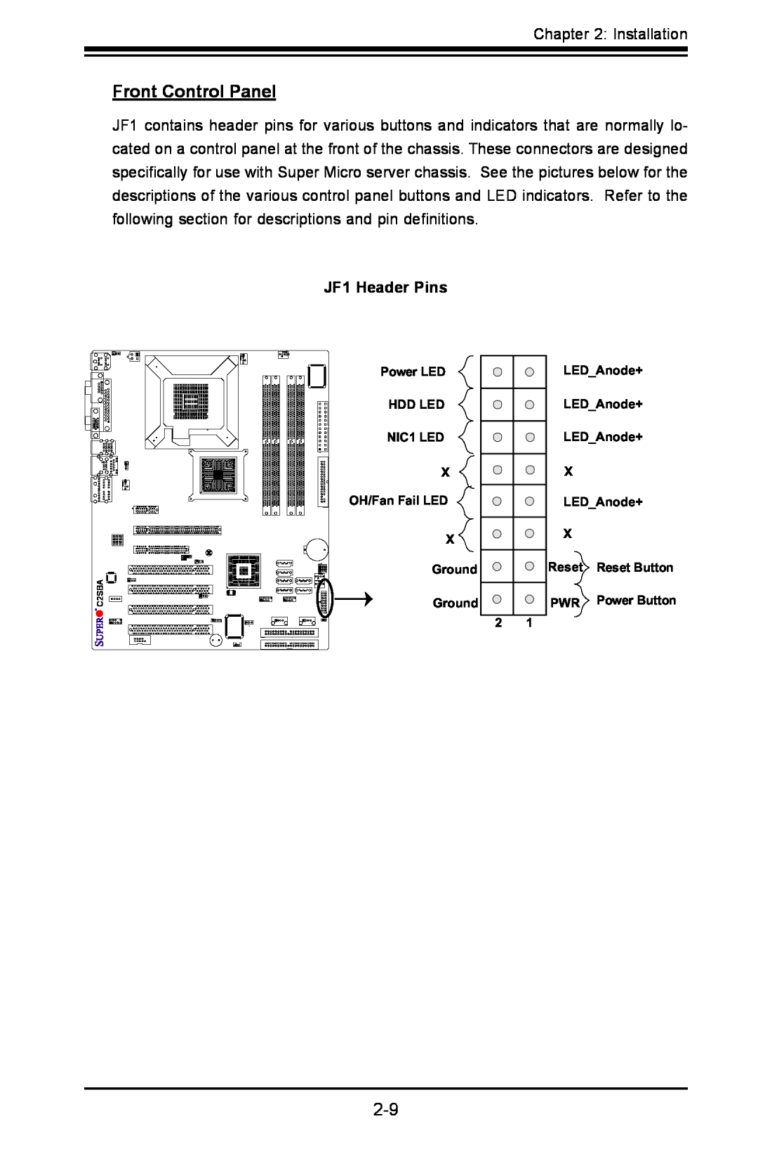 SUPER MICRO Computer C2SBE, C2SBA+II user manual Front Control Panel, JF1 Header Pins 