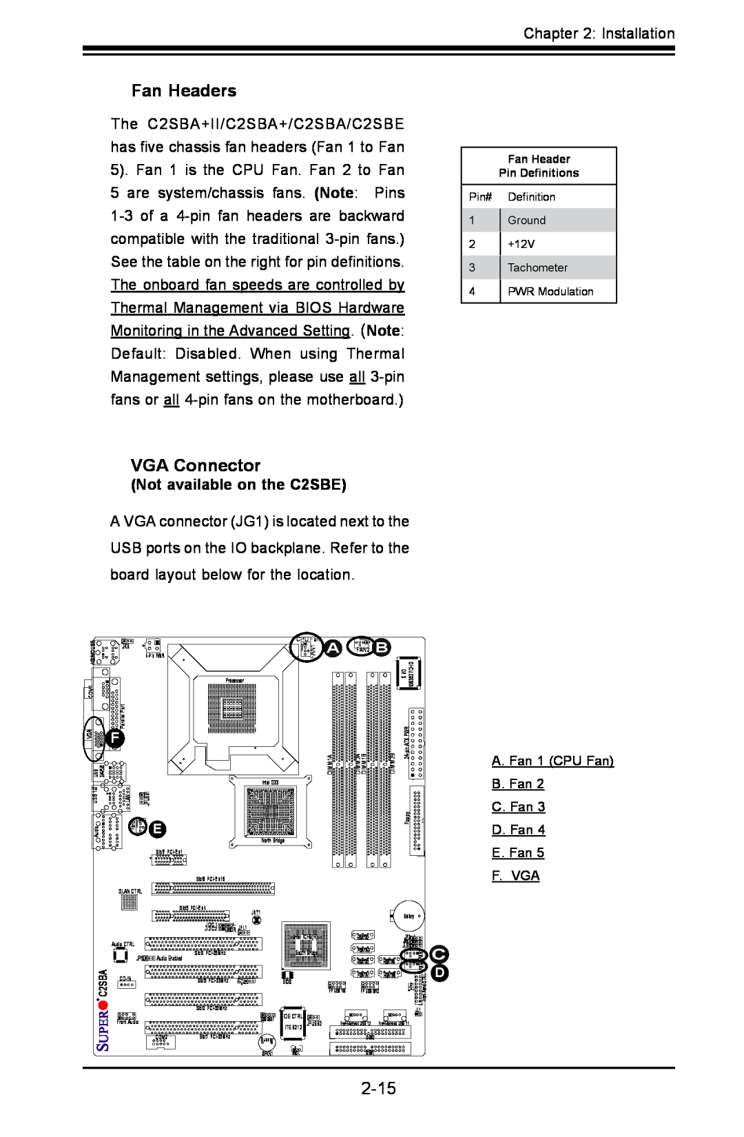 SUPER MICRO Computer C2SBA+II user manual Fan Headers, VGA Connector, Not available on the C2SBE 