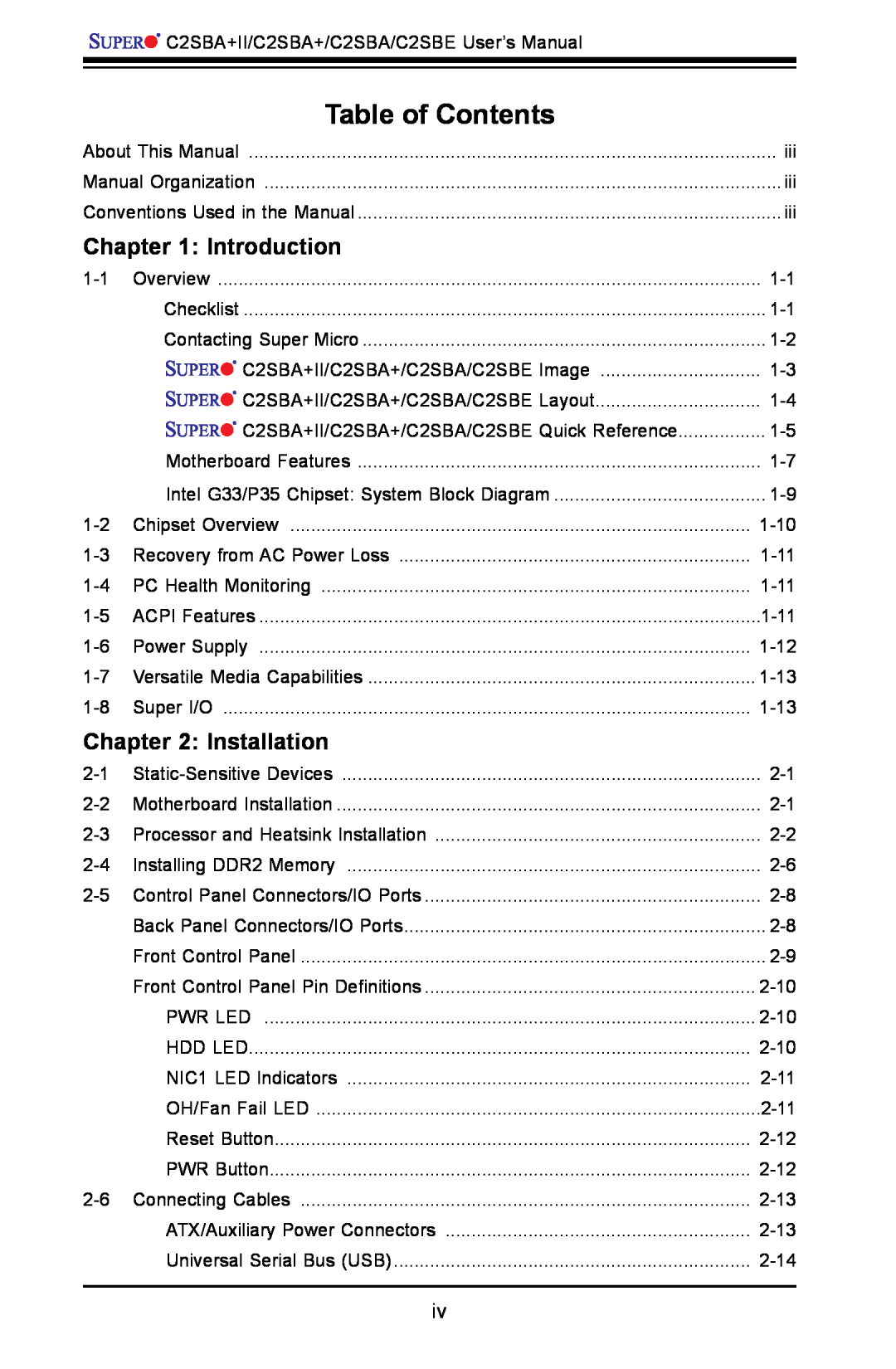 SUPER MICRO Computer C2SBA+II, C2SBE user manual Table of Contents, Introduction, Installation 