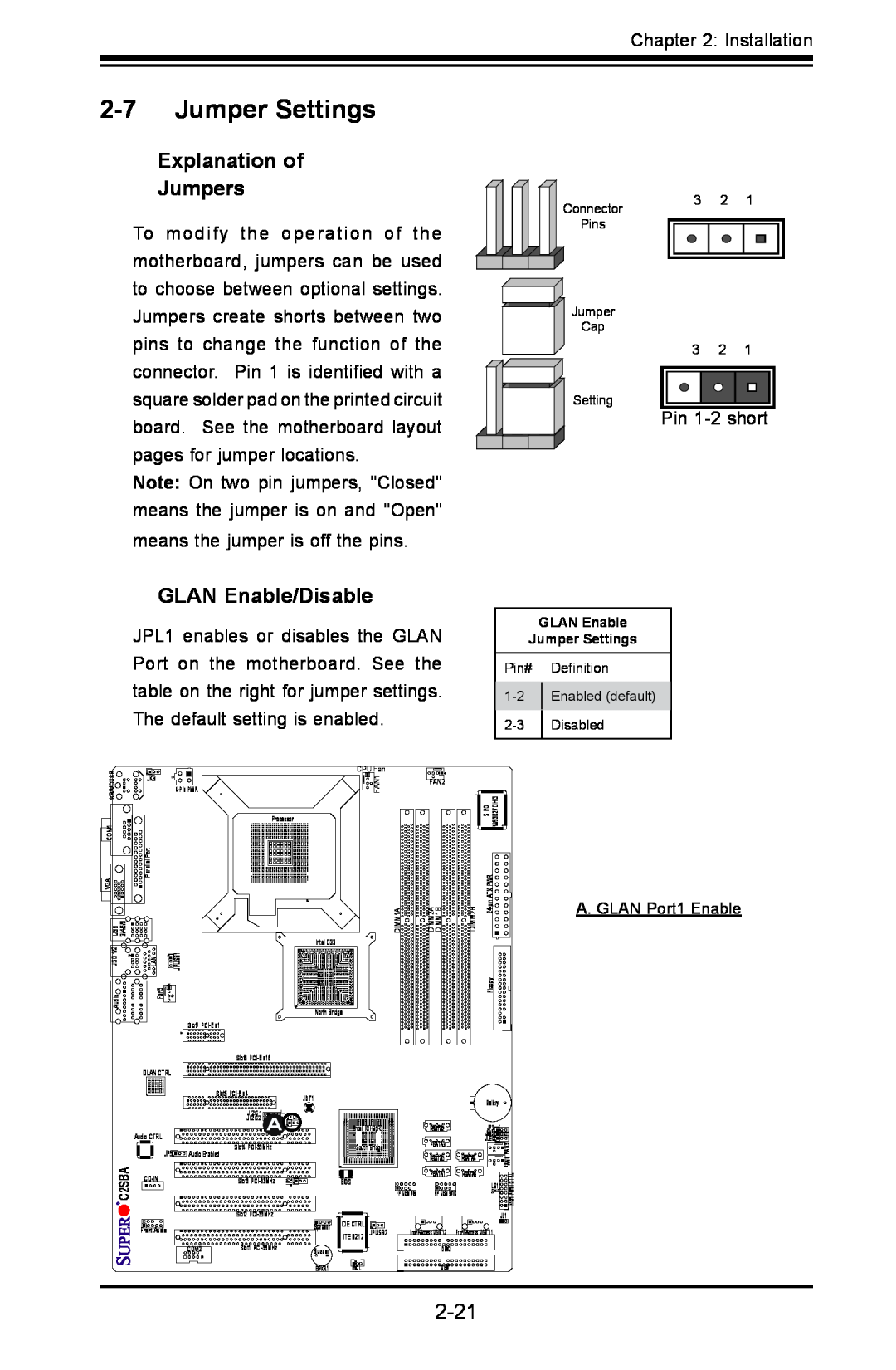 SUPER MICRO Computer C2SBE, C2SBA+II user manual Jumper Settings, Explanation of Jumpers, GLAN Enable/Disable 