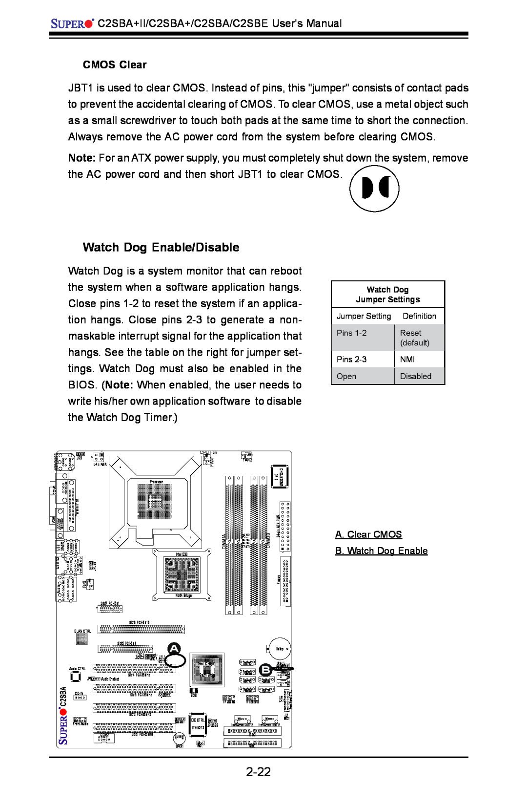 SUPER MICRO Computer C2SBE, C2SBA+II user manual Watch Dog Enable/Disable, CMOS Clear 