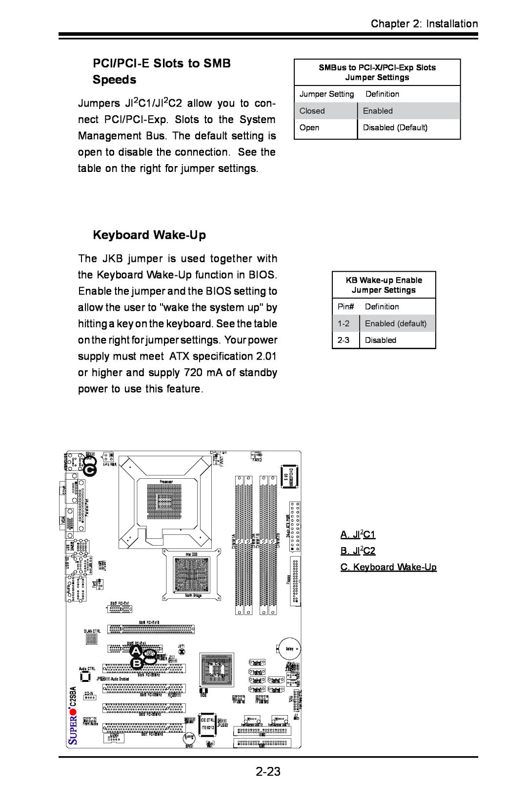 SUPER MICRO Computer C2SBA+II, C2SBE user manual PCI/PCI-E Slots to SMB Speeds, A. JI2C1 B. JI2C2 C. Keyboard Wake-Up 
