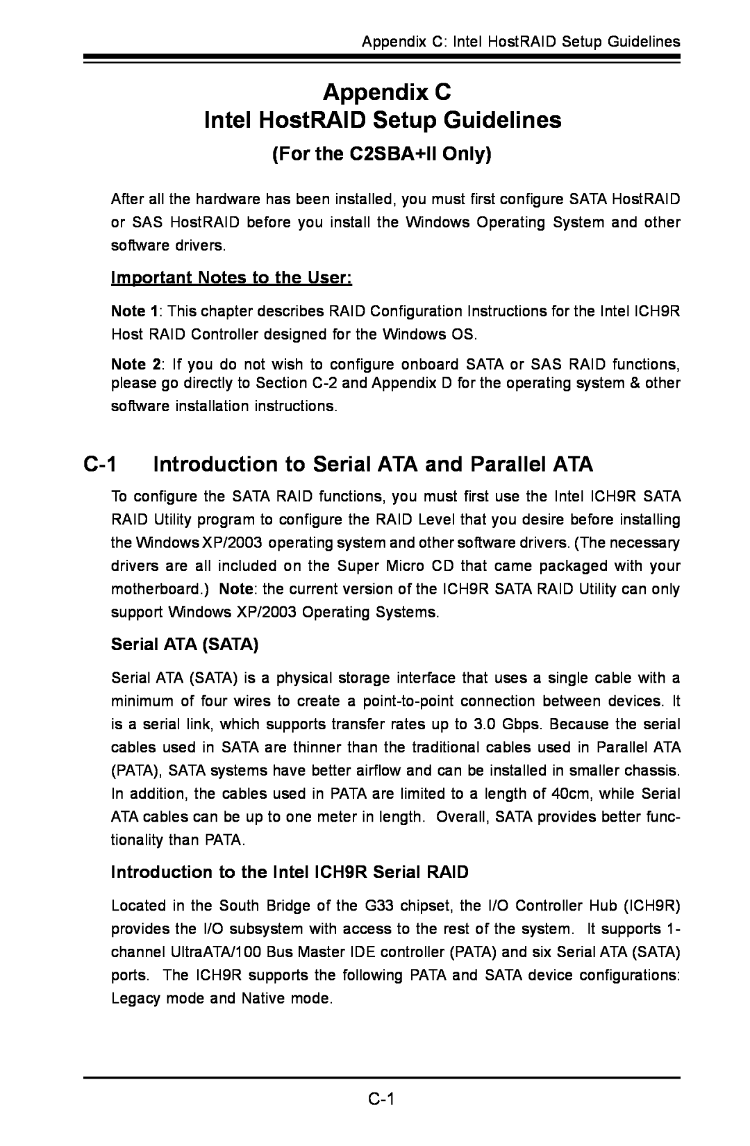 SUPER MICRO Computer C2SBA+II Appendix C Intel HostRAID Setup Guidelines, C-1 Introduction to Serial ATA and Parallel ATA 