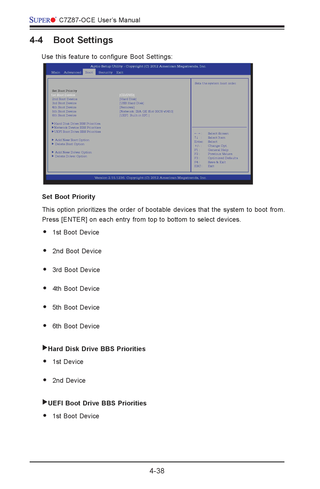 SUPER MICRO Computer C7Z87-OCE user manual Boot Settings, Set Boot Priority, Hard Disk Drive BBS Priorities 