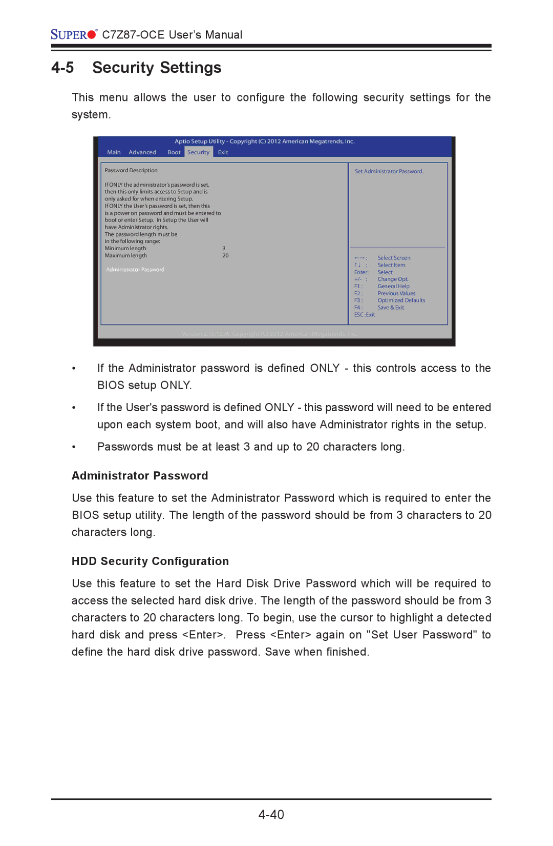 SUPER MICRO Computer C7Z87-OCE user manual Security Settings, Administrator Password, HDD Security Configuration 