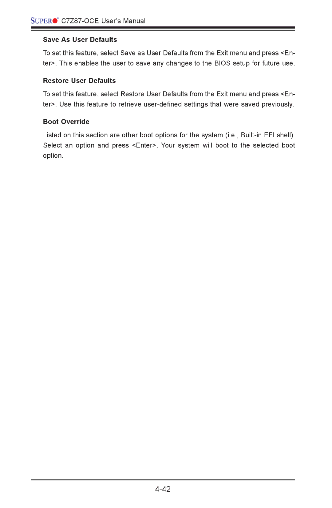 SUPER MICRO Computer C7Z87-OCE user manual Save As User Defaults, Restore User Defaults, Boot Override 