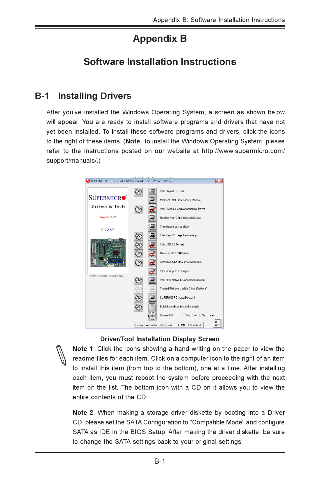 SUPER MICRO Computer C7Z87-OCE user manual Installing Drivers, Driver/Tool Installation Display Screen 