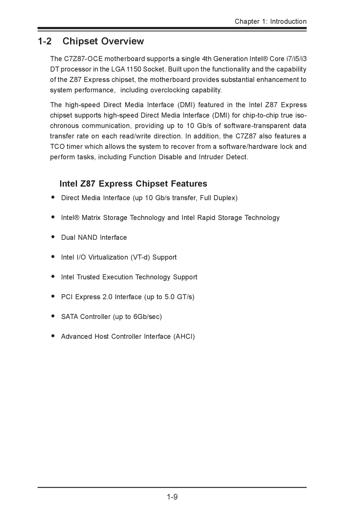 SUPER MICRO Computer C7Z87-OCE user manual Chipset Overview, Intel Z87 Express Chipset Features 