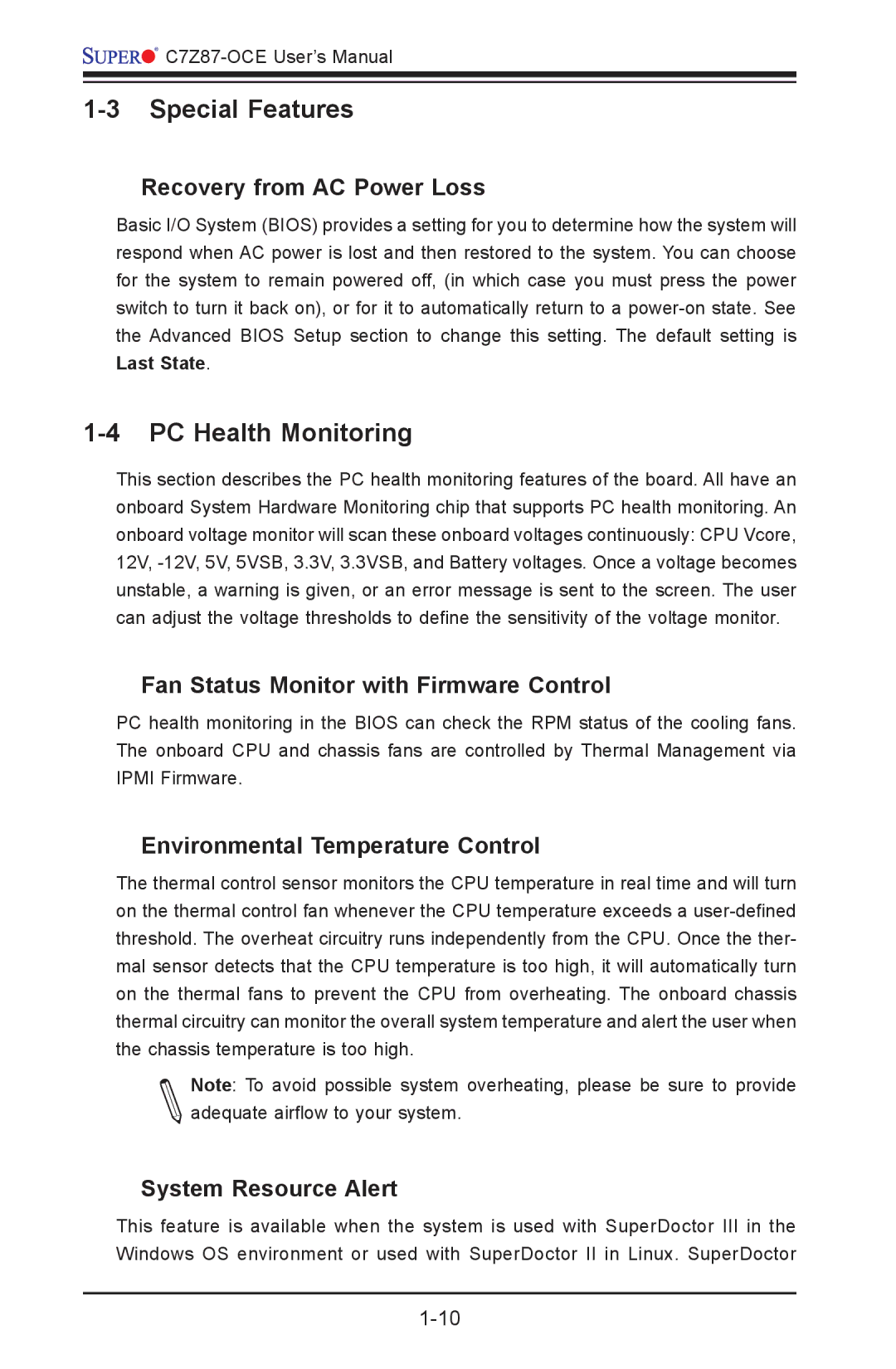 SUPER MICRO Computer C7Z87-OCE user manual Special Features, PC Health Monitoring 