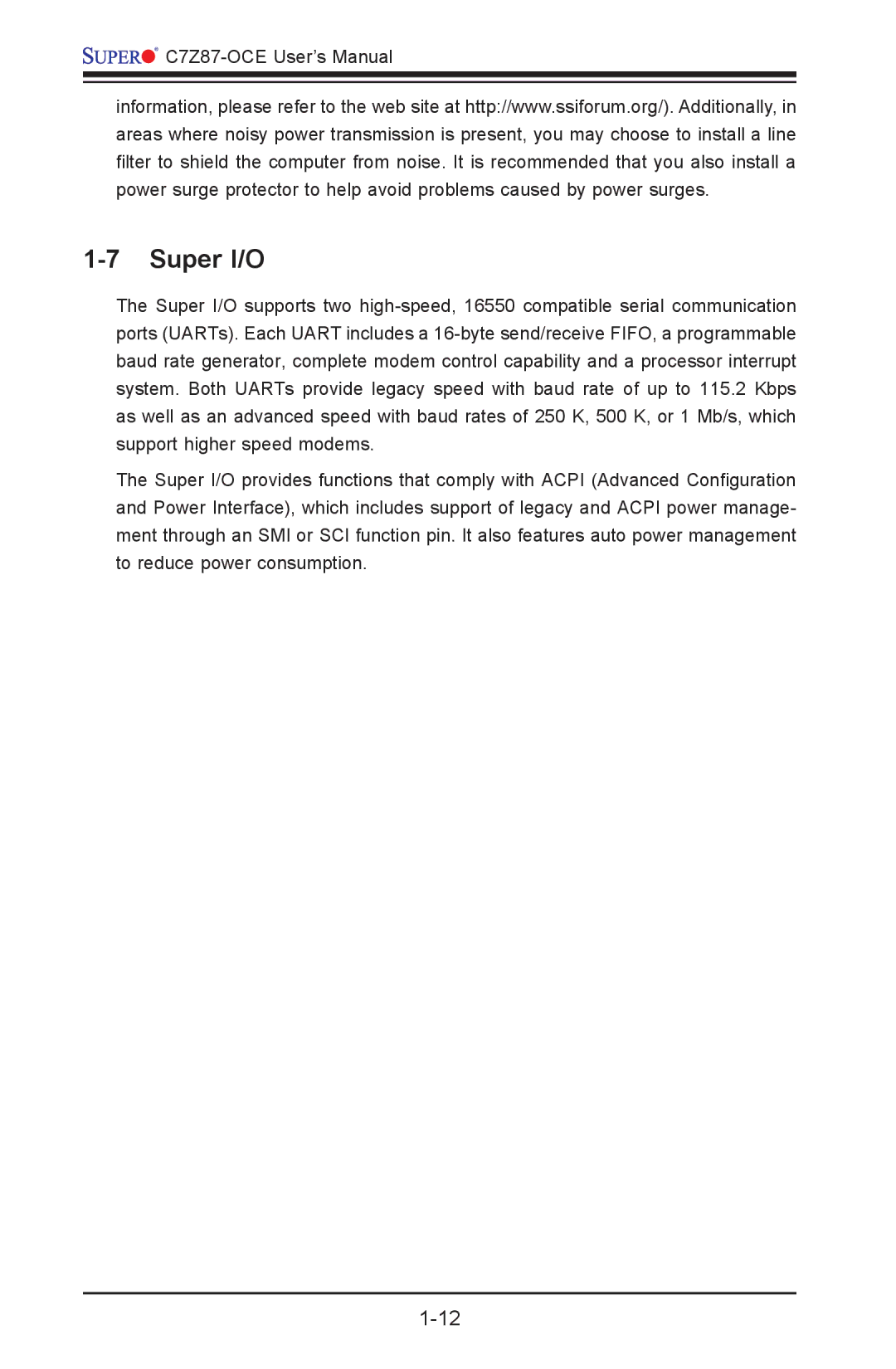 SUPER MICRO Computer C7Z87-OCE user manual Super I/O 