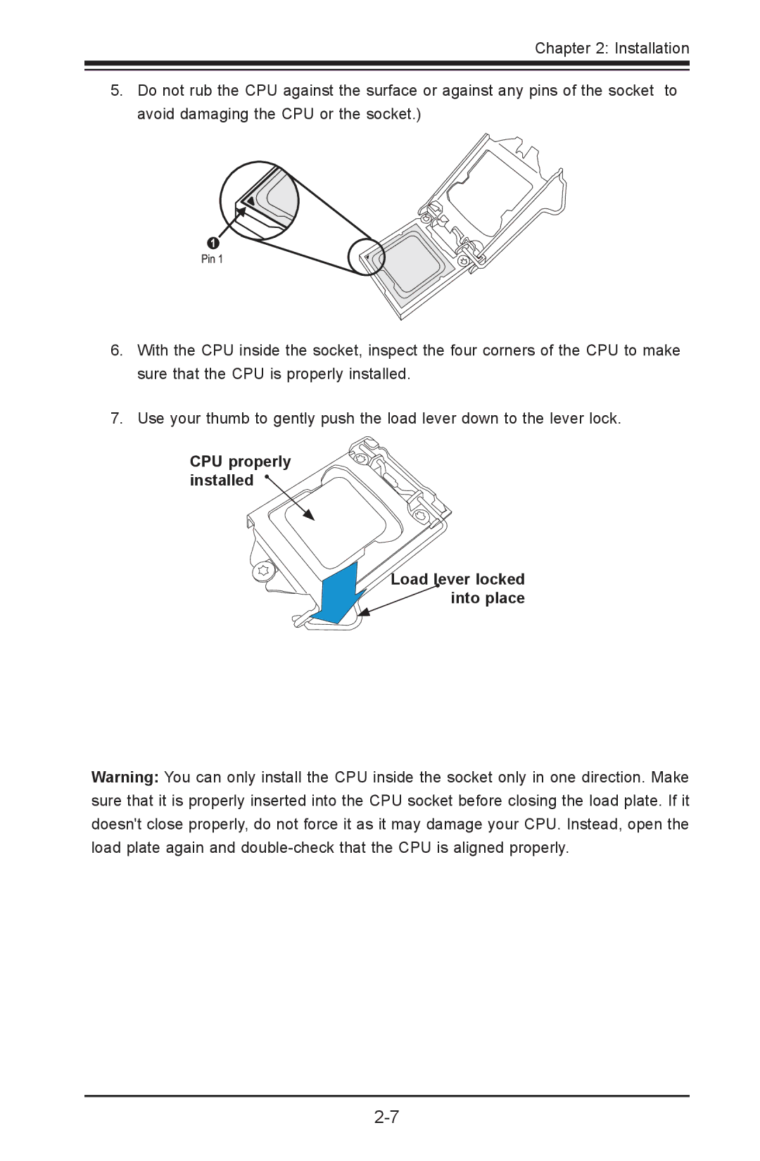 SUPER MICRO Computer C7Z87-OCE user manual CPU properly installed Load lever locked Into place 