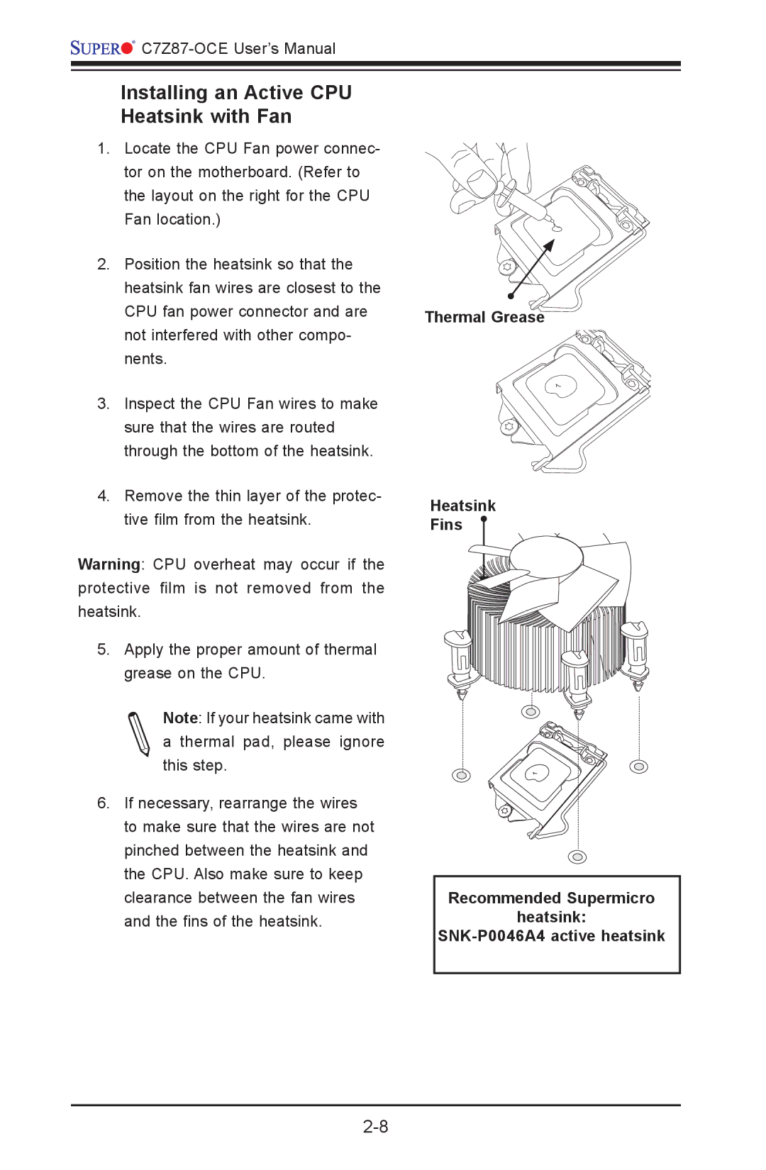 SUPER MICRO Computer C7Z87-OCE user manual Installing an Active CPU Heatsink with Fan 