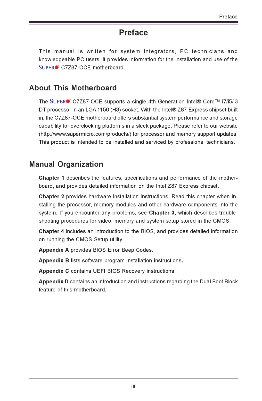 SUPER MICRO Computer C7Z87-OCE user manual Preface, About This Motherboard Manual Organization 