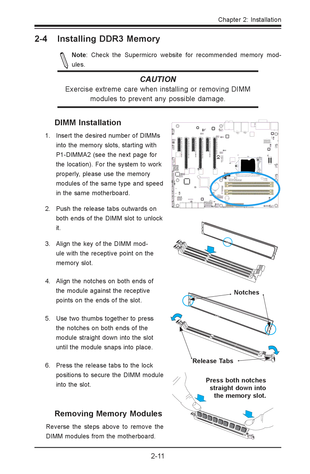 SUPER MICRO Computer C7Z87-OCE user manual Installing DDR3 Memory, Dimm Installation, Removing Memory Modules 