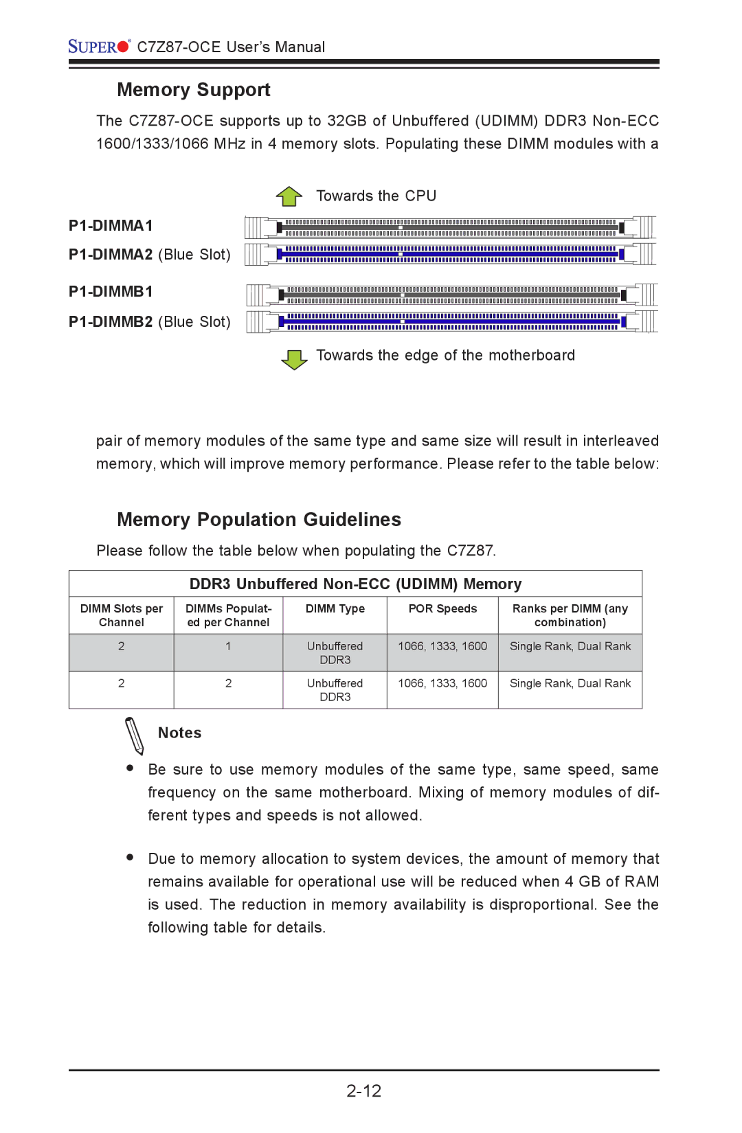 SUPER MICRO Computer C7Z87-OCE user manual Memory Support, Memory Population Guidelines, P1-DIMMA1, P1-DIMMB1 