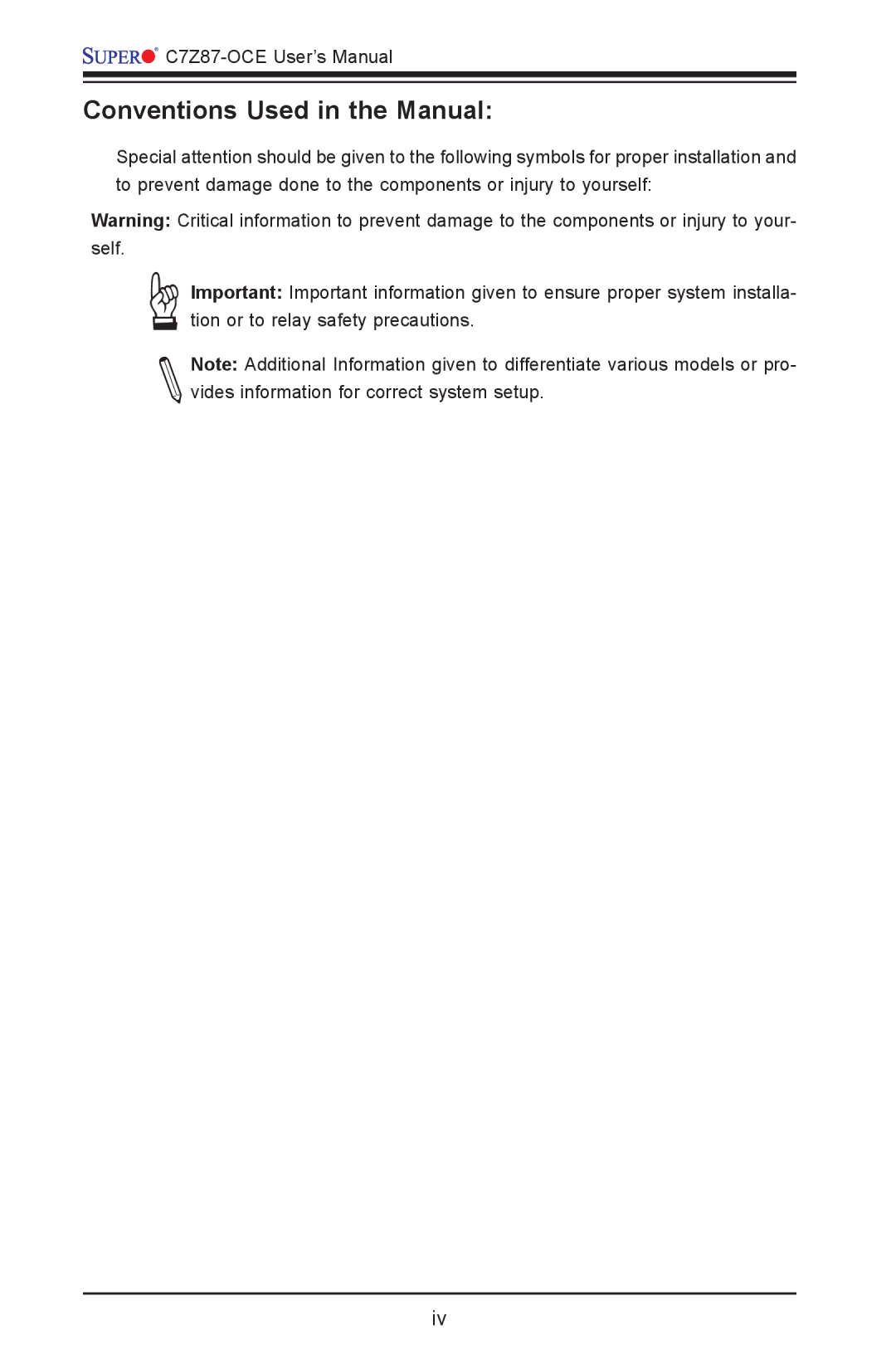 SUPER MICRO Computer C7Z87-OCE user manual Conventions Used in the Manual 