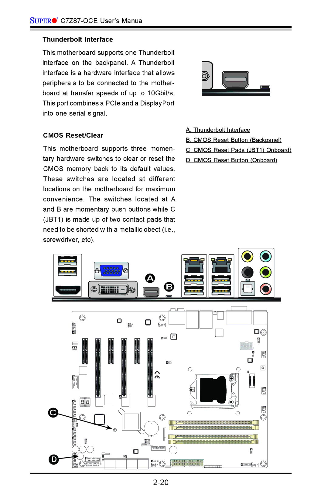 SUPER MICRO Computer C7Z87-OCE user manual Thunderbolt Interface, Cmos Reset/Clear 